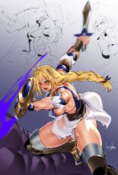 Rule 34 | 1girl, armored boots, backless outfit, battle, blonde hair, boots, bowalia, braid, breasts, collage, dress, elbow pads, green eyes, highleg, highleg panties, holding, holding shield, holding sword, holding weapon, large breasts, laurel crown, long braid, long hair, muscular, muscular female, no bra, open mouth, over-kneehighs, panties, shield, shoulder pads, side slit, sideboob, single braid, solo focus, sophitia alexandra, soul calibur, soulcalibur vi, sweat, sword, thick thighs, thigh boots, thighhighs, thighs, torn clothes, torn dress, underwear, vambraces, weapon, white panties