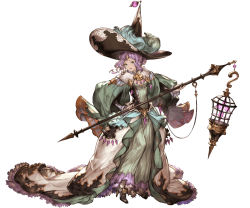 Rule 34 | 10s, 1girl, blue eyes, detached sleeves, dress, full body, fur trim, gem, granblue fantasy, hat, high heels, holding, jewelry, lennah, looking at viewer, minaba hideo, open mouth, purple hair, simple background, solo, staff, standing, tiara, white background, witch hat