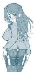 Rule 34 | 1girl, ass cutout, blush, breasts, clothing cutout, cross-laced clothes, covered erect nipples, female focus, fishnets, hand on own hip, highres, kuroishi ringo, laced, large breasts, long hair, looking back, miniskirt, monochrome, pantyhose, shimamura uzuki, simple background, skirt, solo, spanking skirt, tareme, white background