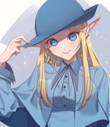 Rule 34 | 1girl, adjusting clothes, adjusting headwear, blonde hair, blue capelet, blue hat, blush, capelet, cosplay, earrings, female focus, harry potter (series), hat, jewelry, long hair, long pointy ears, miri (cherryjelly), nintendo, pointy ears, princess zelda, school uniform, smile, solo, super smash bros., the legend of zelda, the legend of zelda: a link between worlds, triforce, triforce earrings, upper body, wizarding world