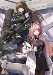 Rule 34 | 2girls, 3 small spiders, absurdres, adjusting hair, animal ears, assault rifle, black skirt, brown eyes, brown hair, coffee mug, commentary request, cup, girls&#039; frontline, girls&#039; frontline neural cloud, green hair, gun, highres, holding, holding cup, id card, lab coat, long hair, looking at viewer, m4 carbine, m4a1 (girls&#039; frontline), m4a1 (mod3) (girls&#039; frontline), magazine (weapon), mug, multicolored hair, multiple girls, off shoulder, pantyhose, persicaria (neural cloud), pink eyes, pink hair, ribbed shirt, ribbed sweater, rifle, shirt, skirt, sleeveless, sleeveless shirt, smile, streaked hair, sweater, thighhighs, trigger discipline, vertical foregrip, weapon