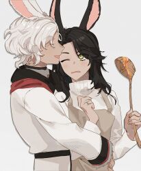 Rule 34 | 2boys, :d, animal ears, apron, black hair, blush, closed eyes, coat, final fantasy, final fantasy xiv, gg dal, green eyes, grey apron, holding, holding ladle, hug, hug from behind, jewelry, ladle, male focus, multiple boys, one eye closed, open mouth, profile, rabbit ears, ring, simple background, smile, sweater, viera, warrior of light (ff14), wedding ring, white background, white coat, white hair, white sweater, yaoi