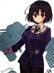 Rule 34 | 1girl, arm behind back, black hair, black skirt, blush, breasts, corrupted twitter file, gloves, haguro (kancolle), haguro kai ni (kancolle), hair between eyes, hair ornament, highres, jacket, kantai collection, large breasts, long sleeves, looking at viewer, medium breasts, military uniform, one-hour drawing challenge, purple jacket, rigging, short hair, simple background, skirt, smile, solo, uniform, white background, white gloves, yukikaze2828