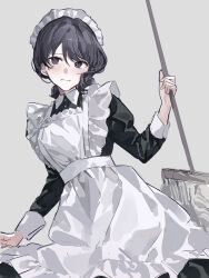 Rule 34 | 1girl, absurdres, alternate costume, apron, black dress, black eyes, black hair, breasts, closed mouth, collared dress, commentary request, dress, enmaided, frilled apron, frills, grey background, heeal, highres, holding, holding mop, korean commentary, long sleeves, maid, maid apron, maid headdress, medium hair, mop, saibou shinkyoku, simple background, small breasts, solo, white apron, yanagi nina