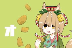 Rule 34 | 1girl, animal ears, bell, blue kimono, breasts, cat ears, commentary, commentary request, facial mark, fang, food, fox ears, fox tail, green background, green kimono, hair bell, hair ornament, japanese clothes, kimono, kouhaku nawa, light brown hair, open mouth, original, outo eguchi, rope, shide, shimenawa, short hair, small breasts, solo, symbol-only commentary, tail, torii, yellow eyes