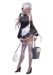 Rule 34 | 1girl, apron, black bow, black bowtie, black footwear, bow, bowtie, breasts, bucket, commentary, dark-skinned female, dark skin, detached sleeves, duster, grey hair, grey thighhighs, hair bow, highres, holding, holding bucket, holding duster, kinta (distortion), large breasts, long hair, maid, maid apron, maid headdress, original, pointy ears, red eyes, solo, symbol-only commentary, thighhighs, towel, waist apron, white apron