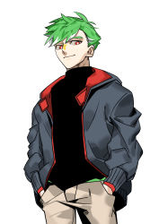 Rule 34 | 1boy, absurdres, beige pants, black shirt, blue jacket, commentary, daimonji ryugon, english commentary, facial mark, green hair, hands in pockets, highres, hjjeon02, hood, hooded jacket, jacket, male focus, multicolored hair, pants, red eyes, shirt, simple background, smile, solo, star (symbol), turtleneck, two-tone hair, virtual youtuber, voms, white background, white hair