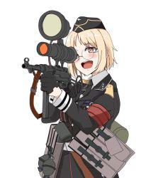 Rule 34 | 1girl, aiming, ammunition pouch, armband, belt, bespectacled, black hat, black jacket, black necktie, blonde hair, collar tabs, collared shirt, crazy, epaulettes, explosive, garrison cap, gas mask canister, girls&#039; frontline, glasses, grenade, gun, gun sling, hat, holding, holding gun, holding weapon, infrared, jacket, korean commentary, light blush, long sleeves, military hat, military jacket, mp40, mp40 (girls&#039; frontline), necktie, night-vision device, night vision device, open mouth, optical sight, pouch, red armband, red eyes, round eyewear, shirt, short hair, sight (weapon), simple background, sleeve cuffs, sling (weapon), solo, stielhandgranate, submachine gun, thermal weapon sight, upper body, wani (perfect han), weapon, white background, white belt, white shirt, zg 1229 vampir