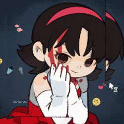 Rule 34 | 1girl, bare shoulders, black hair, blood, blood on face, brown eyes, closed mouth, commentary request, cursor, dress, elbow gloves, emoji, fish, gloves, hairband, hands on own face, hands up, heart, hourglass, kirigoe mima, looking at viewer, parted bangs, perfect blue, red dress, red hairband, short hair, smile, solo, strapless, strapless dress, umbrella, white gloves, yknsugar