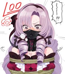 ! !! 1girl asphyxiation cloth_gag drill_hair gag gagged hyakumantenbara_salome improvised_gag neck_corset nijisanji over_the_nose_gag purple_eyes purple_hair raftetram restrained solo virtual_youtuber