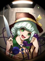 Rule 34 | 13-gou, 1girl, :d, black hat, bow, empty eyes, fisheye, frilled shirt collar, frills, green eyes, green hair, hat, hat bow, hat ribbon, head tilt, heart, heart of string, holding, holding knife, holding phone, indoors, knife, komeiji koishi, long sleeves, looking at viewer, open mouth, phone, ribbon, shirt, short hair, smile, solo, third eye, touhou, upper body, wide sleeves, yandere, yellow shirt