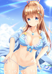 Rule 34 | 1girl, bikini, bikini pull, blue bikini, blue eyes, blue jacket, blue sky, blush, brown hair, brown scrunchie, closed mouth, clothes pull, cloud, collarbone, commentary request, day, frilled bikini, frilled bikini top, frills, hair between eyes, hair ornament, hair ribbon, hair scrunchie, hairclip, high ponytail, highres, jacket, jewelry, long hair, navel, off shoulder, open clothes, open jacket, original, outdoors, pendant, ponytail, pulled by self, red ribbon, ribbon, scrunchie, side-tie bikini bottom, sky, smile, solo, star (symbol), star hair ornament, striped bikini, striped clothes, swimsuit, very long hair, water, wet, xenon (for achieve)