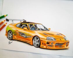 Rule 34 | art tools in frame, artist name, car, colored pencil, colored pencil (medium), commentary, english commentary, fast & furious, fast &amp; furious, instagram username, luis felipe, mixed-language commentary, motor vehicle, no humans, pencil, photo (medium), portuguese commentary, signature, spoiler (automobile), the fast and the furious, the fast and the furious 1, toyota, toyota supra, toyota supra mk iv, traditional media, vehicle focus, white background