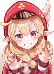 Rule 34 | 1girl, absurdres, beret, blonde hair, child, claw pose, clenched teeth, commentary, dress, genshin impact, gradient background, hair between eyes, hat, highres, klee (genshin impact), long sleeves, looking at viewer, pointy ears, red dress, red eyes, red hat, santori, simple background, smile, solo, teeth, twintails, v-shaped eyebrows, white background