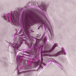 Rule 34 | 1girl, bare shoulders, barion, black hair, capcom, drill hair, dudou, fingerless gloves, gloves, halterneck, halterneck, han juri, looking at viewer, monochrome, purple background, purple theme, sketch, smile, solo, street fighter, street fighter iv (series), twin drills, twintails, upper body