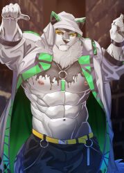 Rule 34 | 1boy, abs, animal ears, bara, black pants, claws, cloak, colored sclera, commentary request, furry, furry male, grausummon, green eyes, hood, hood up, hooded cloak, live a hero, looking at viewer, male focus, monomasa (live a hero), muscular, muscular male, pants, pawpads, pectorals, red sclera, tail, white cloak, wolf boy, wolf ears, wolf tail