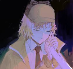 Rule 34 | 2girls, black background, blonde hair, closed eyes, coat, deerstalker, dress shirt, female focus, hair ornament, hand on another&#039;s face, hand on another&#039;s hand, hat, highres, hololive, hololive english, messy hair, multiple girls, nail polish, necktie, noedelsgeest, purple nails, red neckwear, shirt, short hair, smile, upper body, virtual youtuber, watson amelia, watson amelia (1st costume), yellow coat, yellow nails