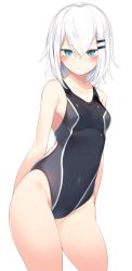 Rule 34 | 1girl, arms behind back, bare hips, bare shoulders, black bodysuit, blush, bodysuit, breasts, closed mouth, collarbone, commentary request, competition swimsuit, contrapposto, covered navel, cowboy shot, hair ornament, hairclip, highres, looking at viewer, one-piece swimsuit, original, otokuyou, ringo-chan (otokuyou), short hair, silver hair, simple background, skin tight, small breasts, solo, swimsuit, white background