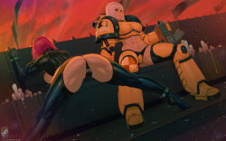 Rule 34 | 2girls, abs, arm support, armor, bent over, black gloves, black panties, black thighhighs, breasts, cameltoe, candle, gloves, gun, highres, holding, holding gun, holding weapon, imperial fists, large breasts, legs apart, multiple girls, muscular, muscular female, navel, panties, red hair, red sky, scar, scar on face, short hair, sitting, sky, smile, spread legs, standing, themaestronoob, thighhighs, underwear, warhammer 40k, weapon, whip marks, white hair, yellow panties