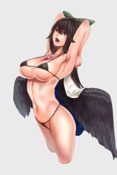 Rule 34 | 1girl, alternate costume, armpits, arms behind head, bikini, bird wings, black bikini, black hair, black wings, bow, breasts, cape, commentary request, cowboy shot, cropped legs, green bow, grey background, hair between eyes, hair bow, large breasts, long hair, looking at viewer, looking to the side, micro bikini, minami koyogi, navel, open mouth, red eyes, reiuji utsuho, simple background, solo, starry sky print, swimsuit, third eye, touhou, white cape, wings