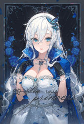 Rule 34 | 1girl, artist name, black gloves, blue butterfly, blue eyes, blue flower, blue gemstone, blue jacket, blue rose, blush, breasts, bug, butterfly, butterfly hair ornament, cleavage, collarbone, cowboy shot, crossed bangs, dress, english text, eyelashes, falling petals, floral background, flower, framed, gem, gloves, hair between eyes, hair ornament, hairband, hands up, high collar, highres, insect, jacket, jacket on shoulders, jewelry, lace, lace-trimmed gloves, lace trim, large breasts, long hair, looking at viewer, mole, mole under eye, necklace, open clothes, open jacket, open mouth, original, petals, rose, rose background, rose petals, short sleeves, sidelocks, solo, strapless, strapless dress, ttosom, upper body, very long hair, wavy hair, white dress, white hair