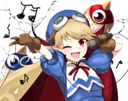 Rule 34 | 13-gou, 1girl, apron, blonde hair, blue headwear, bow, brown bag, cape, curly hair, dress, fangs, gloves, goggles, goggles on head, hat, long hair, looking at viewer, marivel armitage, microphone, one eye closed, open mouth, pointy ears, red eyes, ribbon, smile, vampire, wild arms, wild arms 2