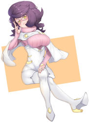 Rule 34 | 1girl, big hair, blush, boots, breasts, creatures (company), game freak, glasses, green eyes, high heels, highres, koeru, large breasts, looking at viewer, nail polish, nintendo, pink-framed eyewear, pokemon, pokemon sm, purple hair, ribbed sweater, short hair, smile, solo, sweater, thigh boots, thighhighs, turtleneck, turtleneck sweater, wicke (pokemon)