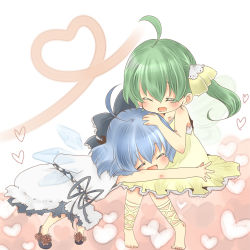 Rule 34 | 2girls, ^ ^, ahoge, alternate costume, ankle lace-up, barefoot, blue hair, bow, child, cirno, cocoa (artist), cross-laced footwear, daiyousei, dress, closed eyes, green hair, hair bow, hair ribbon, heart, heart of string, hug, multiple girls, open mouth, ribbon, shii (cocoa), shoes, short hair, side ponytail, smile, touhou, wings, yellow dress