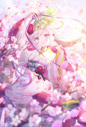 Rule 34 | 1girl, arm up, blue eyes, blurry, blurry foreground, blush, branch, commentary request, copyright request, depth of field, flower, folding fan, hand fan, hand up, highres, holding, holding fan, ibara riato, japanese clothes, kimono, long hair, long sleeves, obi, official art, parted lips, petals, pink flower, red flower, sash, silver hair, solo, very long hair, virtual youtuber, white kimono, wide sleeves
