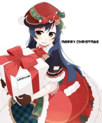 Rule 34 | 1girl, bad id, bad pixiv id, blue hair, blush, box, christmas, commentary request, fur trim, gift, gift box, gloves, hair between eyes, hat, holding, holding gift, long hair, love live!, love live! school idol festival, love live! school idol project, merry christmas, red gloves, santa hat, short sleeves, simple background, smile, solo, sonoda umi, totoki86, white background, yellow eyes