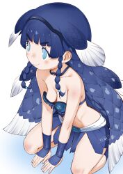 Rule 34 | 1girl, absurdres, blue eyes, blue hair, blunt bangs, blush, bow, bracer, braid, breasts, coelacanth (kemono friends), dark blue hair, fins, head fins, highres, kemono friends, kemono friends 3, long hair, masuyama ryou, midriff, multicolored hair, navel, oversized breast cup, side braid, skirt, small breasts, smile, solo, stomach, strapless, twin braids, very long hair, white background