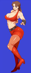 Rule 34 | 1girl, blaze fielding, blue background, boots, breasts, large breasts, looking at viewer, mafen, muscular, pantyhose, sega, simple background, solo, streets of rage