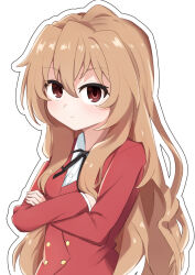 Rule 34 | 1girl, aisaka taiga, black ribbon, blazer, brown eyes, brown hair, buttons, closed mouth, commentary, crossed arms, dot nose, double-breasted, hair between eyes, jacket, light blush, light frown, long hair, long sleeves, looking at viewer, mochika (mochika 392), neck ribbon, oohashi high school uniform, outline, red jacket, ribbon, school uniform, shirt, sidelocks, simple background, solo, toradora!, upper body, white background, white outline, white shirt