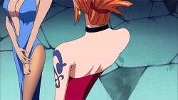 Rule 34 | 2girls, animated, animated gif, bare shoulders, black hair, breasts, cleavage, female focus, from above, large breasts, looking at viewer, lowres, multiple girls, nami (one piece), nico robin, one piece, orange hair, screencap, tattoo, upper body