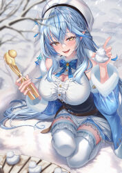 Rule 34 | 1girl, absurdres, ahoge, bare shoulders, beret, blue hair, blush, braid, bratja, breasts, cleavage, elf, from above, hair between eyes, half updo, hat, highres, hololive, large breasts, long hair, mold (casting), open mouth, orange eyes, outdoors, pointy ears, seiza, sitting, smile, snow, snowball, thighhighs, very long hair, virtual youtuber, white thighhighs, yukihana lamy, zettai ryouiki