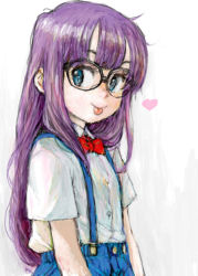 Rule 34 | 1girl, :p, blouse, bow, bowtie, collared shirt, dr. slump, glasses, heart, long hair, looking away, norimaki arale, overalls, ponsuke (pon00000), purple hair, shirt, simple background, solo, tongue, tongue out, very long hair, white background, white shirt