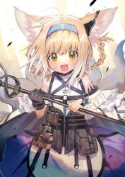 Rule 34 | 1girl, animal ears, aoki (fumomo), arknights, bare shoulders, black gloves, blonde hair, blue hairband, braid, commentary request, dress, earpiece, female focus, fox ears, fox girl, fox tail, gloves, hairband, highres, holding, holding staff, infection monitor (arknights), kitsune, kyuubi, looking at viewer, material growth, multiple tails, open mouth, oripathy lesion (arknights), short hair, single glove, solo, staff, suzuran (arknights), tail, upper body, white dress