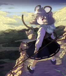 Rule 34 | 1girl, animal ears, basket, dowsing rod, female focus, grey hair, highres, landscape, mouse (animal), mouse ears, mouse tail, nazrin, parody, red eyes, scenery, short hair, solo, style parody, syope, tail, touhou