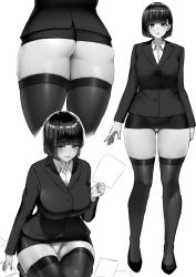 Rule 34 | 1girl, bob cut, breasts, business suit, character sheet, dress, formal, greyscale, highres, ishimiso (ishimura), large breasts, looking at viewer, microdress, microskirt, monochrome, multiple views, office lady, original, panties, pantyshot, pencil skirt, short hair, skindentation, skirt, skirt suit, smile, solo, suit, thick thighs, thighhighs, thighs, underwear