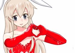 Rule 34 | 1girl, animal ears, blonde hair, breasts, rabbit ears, commentary request, elbow gloves, fake animal ears, gloves, green eyes, hairband, heart, heart hands, highres, inoue kousei, kantai collection, lipstick, long hair, makeup, off shoulder, open mouth, sequins, shimakaze (kancolle), sidelocks, small breasts, smile, solo, upper body, white background