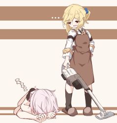 Rule 34 | ..., 2girls, :d, apron, black legwear, black shirt, blonde hair, brown apron, brown background, brown footwear, character request, girls&#039; frontline, hair bobbles, hair ornament, hand on own hip, highres, long sleeves, looking at another, m200 (girls&#039; frontline), matsuo (matuonoie), multiple girls, nagant revolver (girls&#039; frontline), one side up, open mouth, purple hair, red eyes, shirt, sleeping, slippers, smile, socks, two-tone background, vacuum cleaner, white shirt, zzz