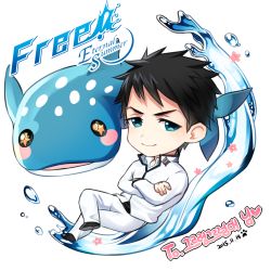 Rule 34 | 1boy, black hair, blackkdogg, blue eyes, blue whale, chibi, closed mouth, crossed arms, dated, flower, free!, high collar, high speed!, jacket, crossed legs, looking at viewer, male focus, pants, pink flower, school uniform, smile, splashing, translation request, water, whale, white jacket, white pants, yamazaki sousuke