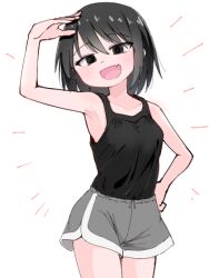 Rule 34 | 1girl, black eyes, black hair, black tank top, breasts, commentary request, cowboy shot, dolphin shorts, emphasis lines, fang, grey shorts, hand on own hip, medium breasts, open mouth, original, shorts, skin fang, smile, solo, tank top, tawasiupa