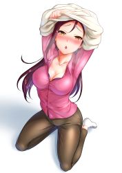 Rule 34 | 1girl, absurdres, arms up, artist request, blush, breasts, cleavage, highres, love live!, love live! sunshine!!, sakurauchi riko, solo, white background