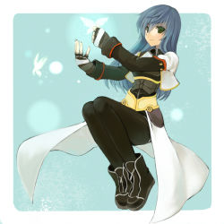 Rule 34 | 1girl, black pantyhose, blue hair, breasts, commentary request, gloves, green eyes, long hair, maria traydor, pantyhose, skirt, solo, star ocean, star ocean till the end of time