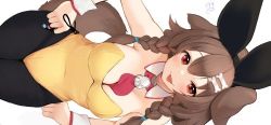 Rule 34 | 1girl, animal ears, blush, braid, breasts, brown eyes, brown hair, rabbit ears, covered navel, dog ears, dog tail, fake animal ears, hair ornament, hairclip, hololive, inugami korone, leotard, long hair, lowres, nejime, pantyhose, playboy bunny, red neckwear, signature, simple background, solo, tail, tongue, tongue out, virtual youtuber, white background, yellow leotard