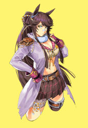 Rule 34 | 1girl, absurdres, animal ears, bandaid, bandaid on face, bandaid on nose, belt, breasts, brown belt, brown hair, brown skirt, cleavage, coat, fingerless gloves, gloves, highres, horse ears, large breasts, long hair, long sleeves, looking at viewer, miniskirt, mouth hold, narita brian (umamusume), navel, open clothes, open coat, pink gloves, ponytail, ruukii drift, simple background, skirt, solo, stalk in mouth, umamusume, very long hair, yellow background, yellow eyes