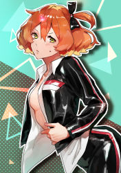 Rule 34 | 1girl, absurdres, aqua background, bad id, bad pixiv id, black jacket, black pants, blonde hair, breasts, brown hair, character request, cleavage, collared shirt, dress shirt, frown, green eyes, hair between eyes, hair ornament, heart, heart hair ornament, highres, jacket, leaning forward, long sleeves, macross, macross delta, medium breasts, multicolored hair, open clothes, open jacket, pants, polka dot, polka dot background, pote-mm, shiny clothes, shirt, short hair, solo, standing, sweatdrop, two-tone hair, w, white shirt, wing collar