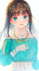 Rule 34 | 1girl, :d, aqua eyes, aqua nails, aqua shirt, arabian clothes, bare shoulders, bead bracelet, bead necklace, beads, blunt bangs, blush, bracelet, brown hair, collarbone, commentary, crop top, earrings, english commentary, fringe trim, gem, hair tubes, hami yura, hand on own chest, head chain, highres, jewelry, long hair, long sleeves, midriff, nail polish, navel, navel piercing, necklace, off-shoulder shirt, off shoulder, open mouth, original, pendant, piercing, ring, shirt, simple background, smile, solo, white background