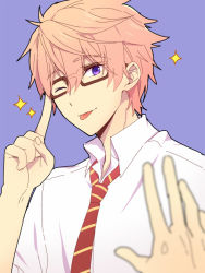 Rule 34 | 10s, 1boy, :p, bespectacled, blush, free!, glasses, male focus, mo (nmnme), necktie, one eye closed, open mouth, pink hair, purple eyes, school uniform, shigino kisumi, short hair, simple background, smile, solo, sparkle, tongue, tongue out, uniform, upper body
